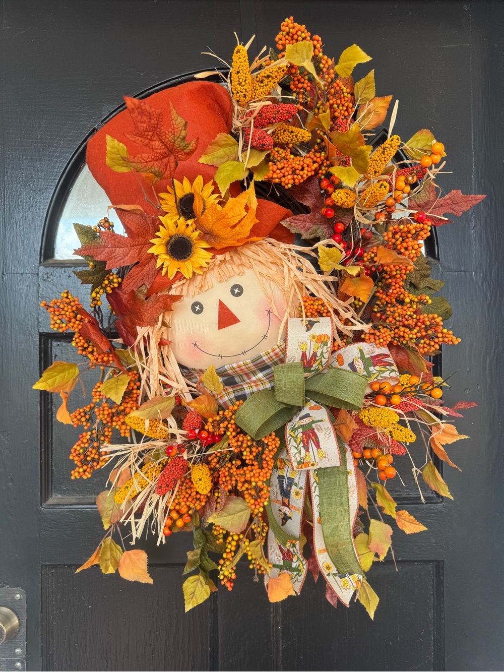 Harvest Scarecrow Fall Door Wreath in Orange and Yellow